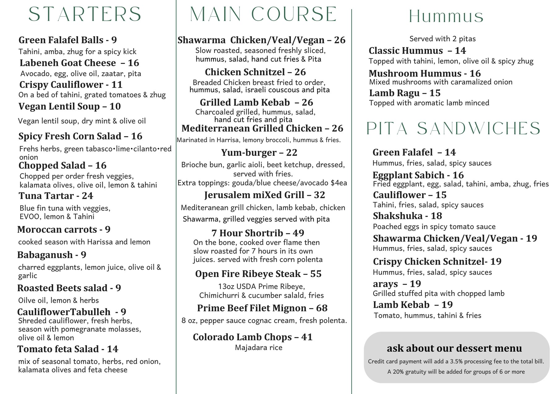 Tal's Hummus printed menu, August 2026